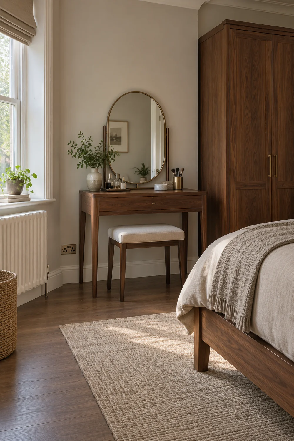 Vanity mirror by window with bedroom socket nearby
