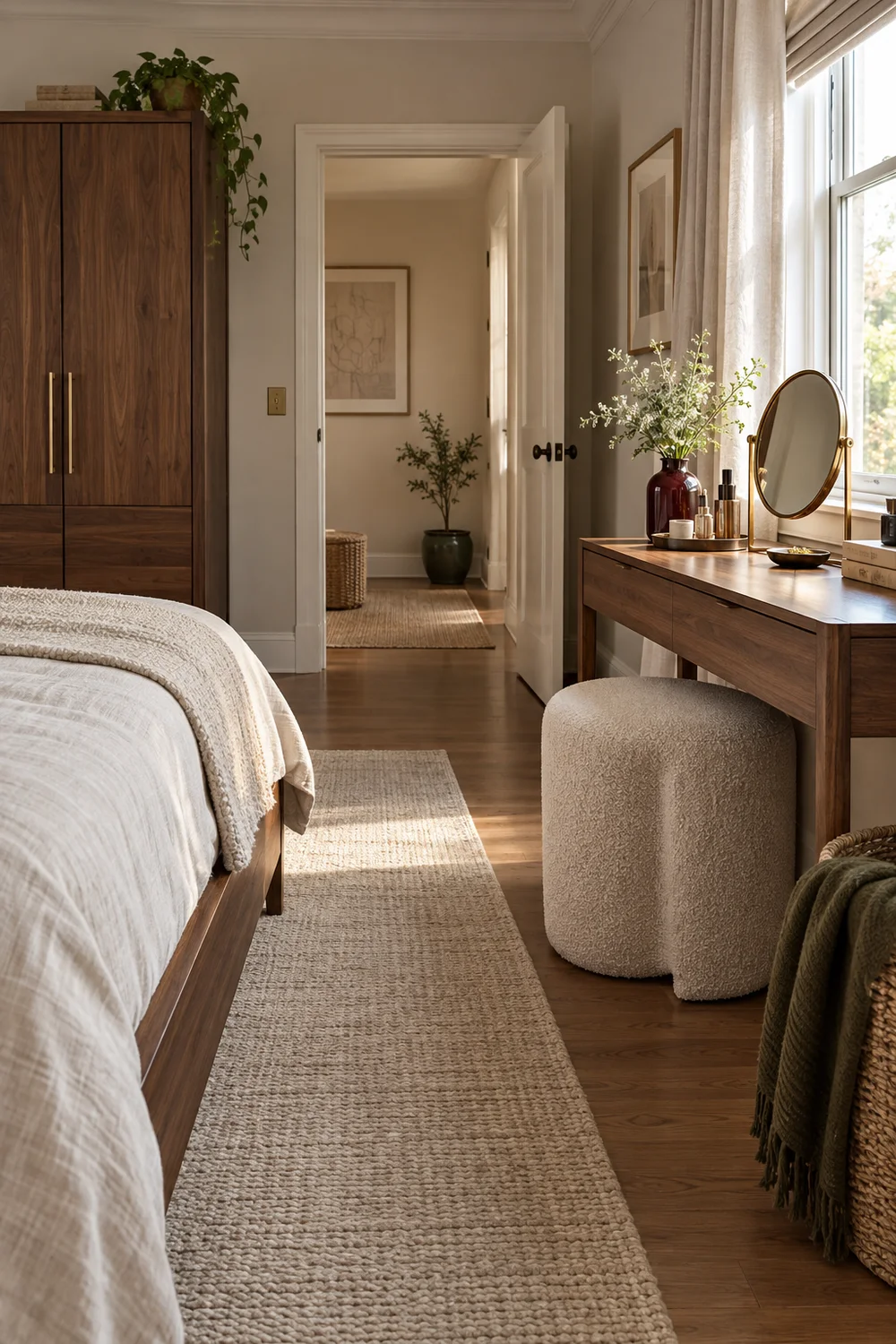 Vanity table beside bedroom window with bed and wardrobe route visible