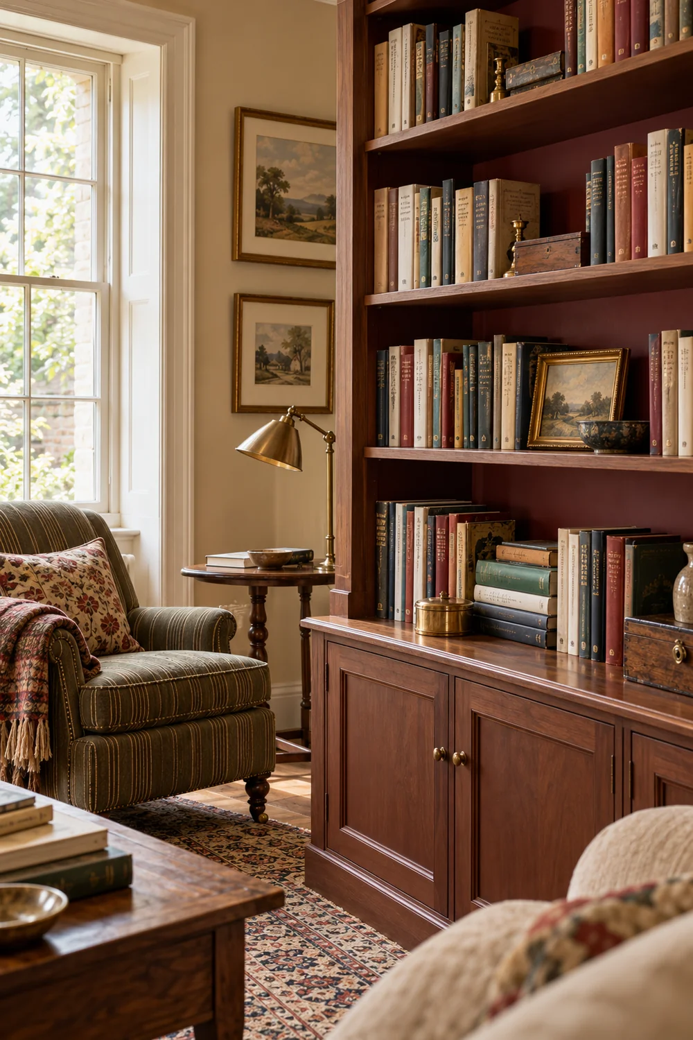Varied book spines against muted oxblood shelf backs beside walnut cabinetry