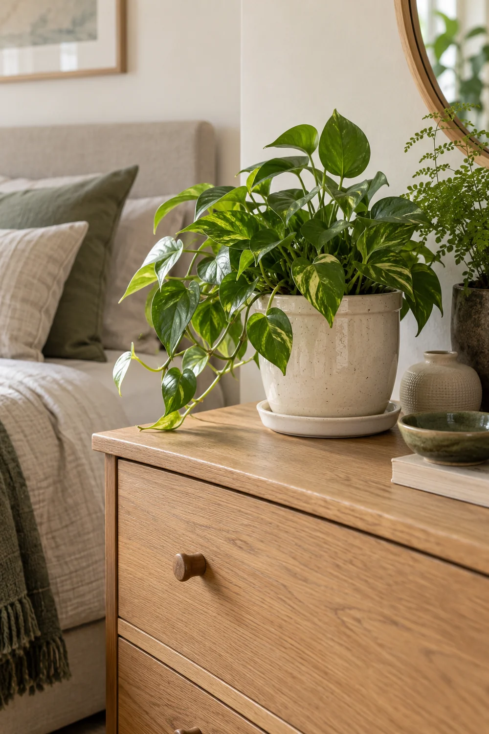 Variegated trailing plant in a cream planter and saucer on a timber bedroom chest