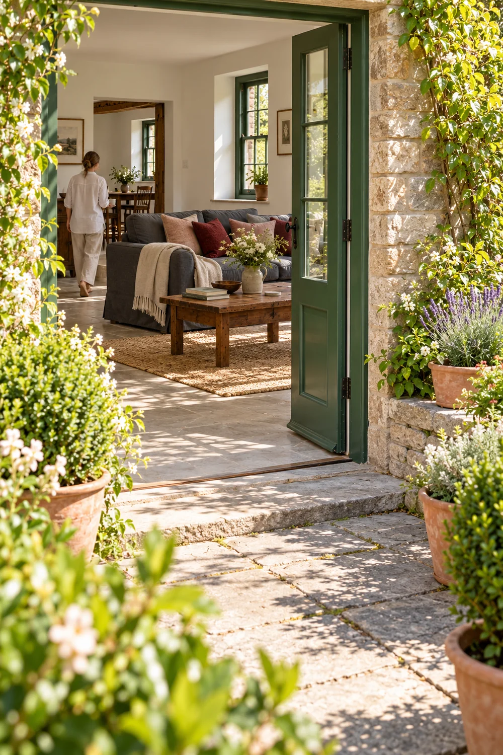 View from a stone terrace into a cottage with a small adult walking inside