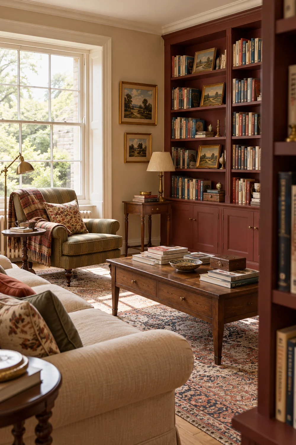 View past a bookcase toward an olive reading chair and walnut coffee table