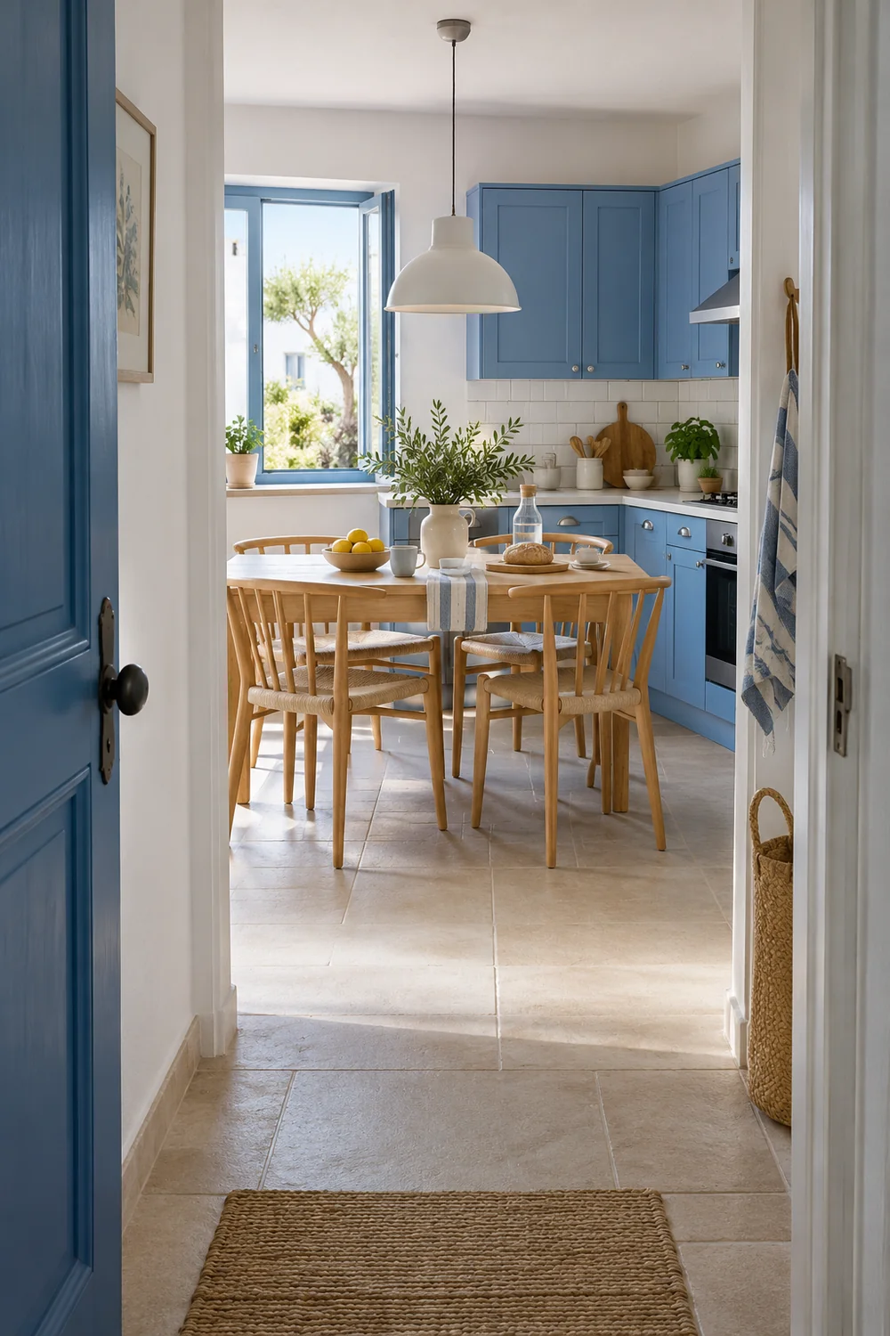View through an apartment doorway into a blue kitchen and dining area