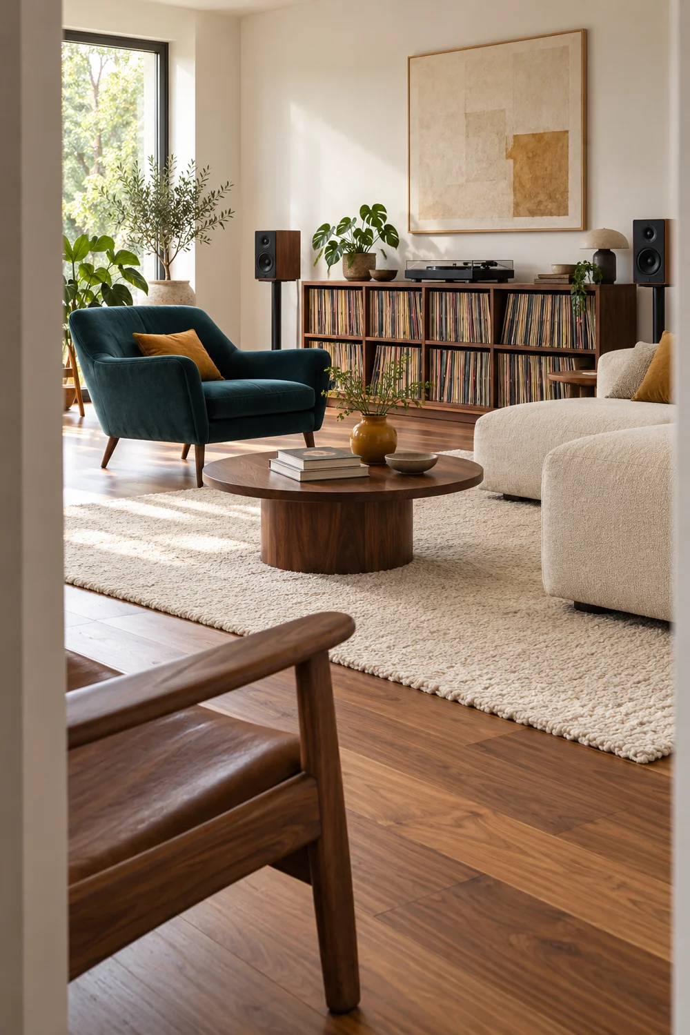 View through the doorway across cream seating toward a walnut record library
