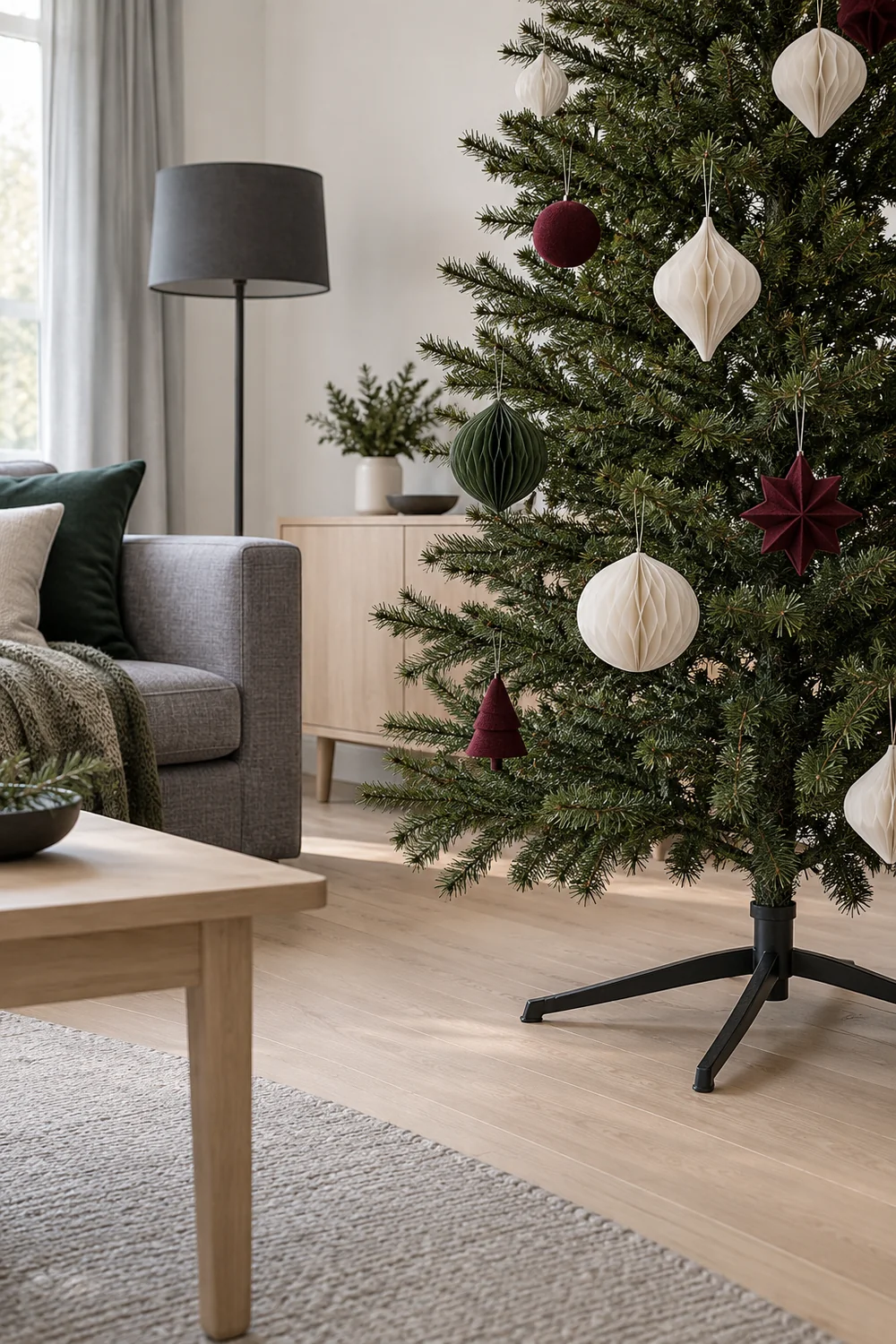 Visible Christmas tree stand and lower branches beside a grey sofa
