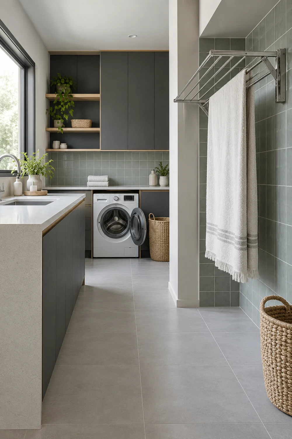 Wall drying rack with towels beside an open grey tiled utility passage