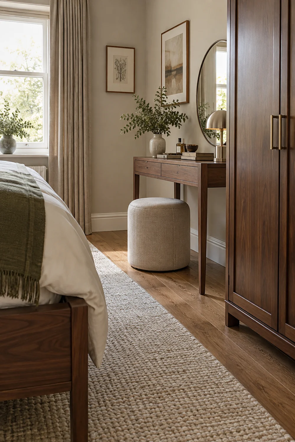 Walnut bedroom dressing table beside wardrobe with bed route visible
