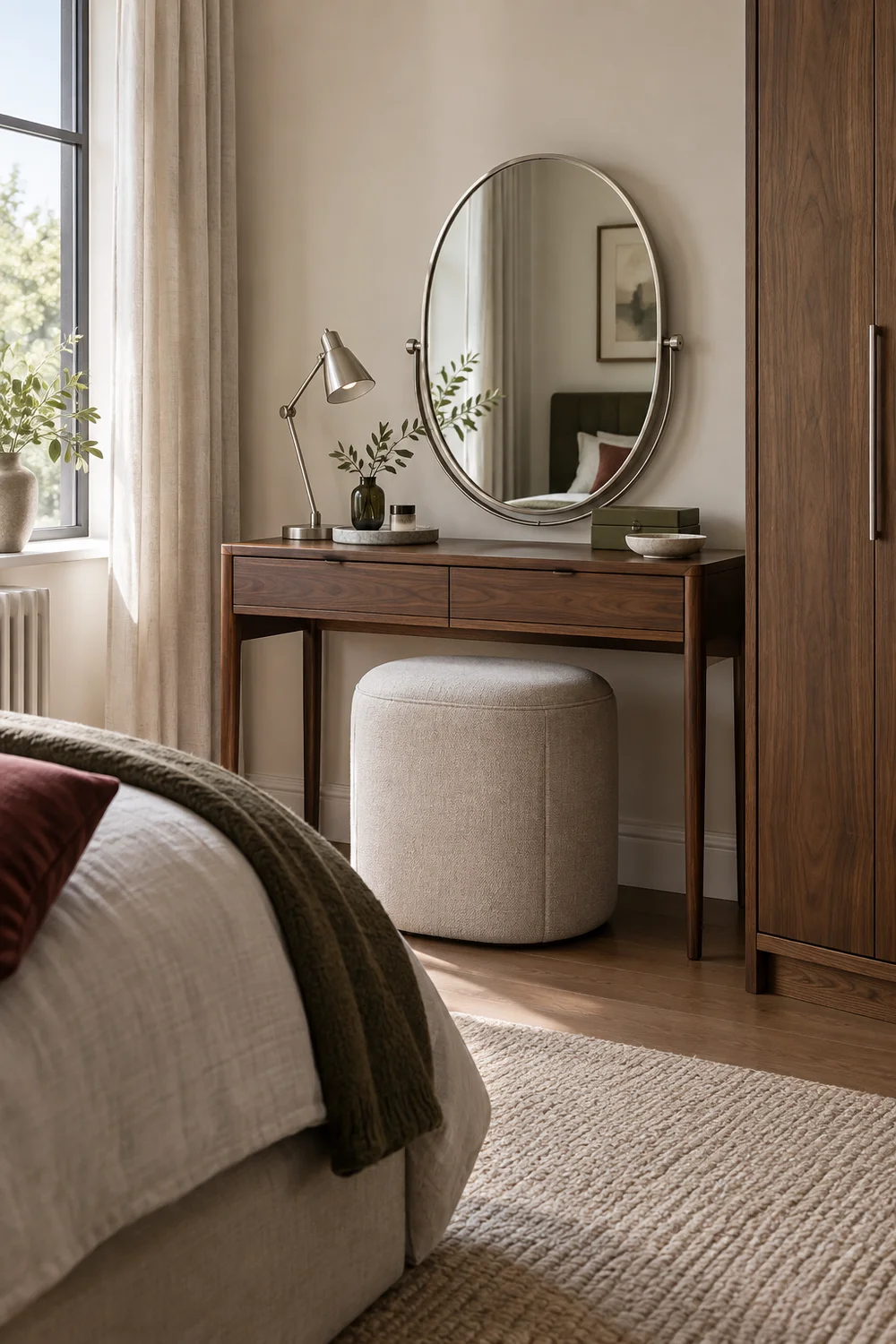 Walnut bedroom dressing table with oval mirror lamp and tucked stool
