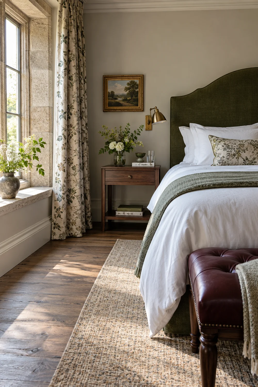 Walnut bedside table and moss headboard beside a tall hotel window