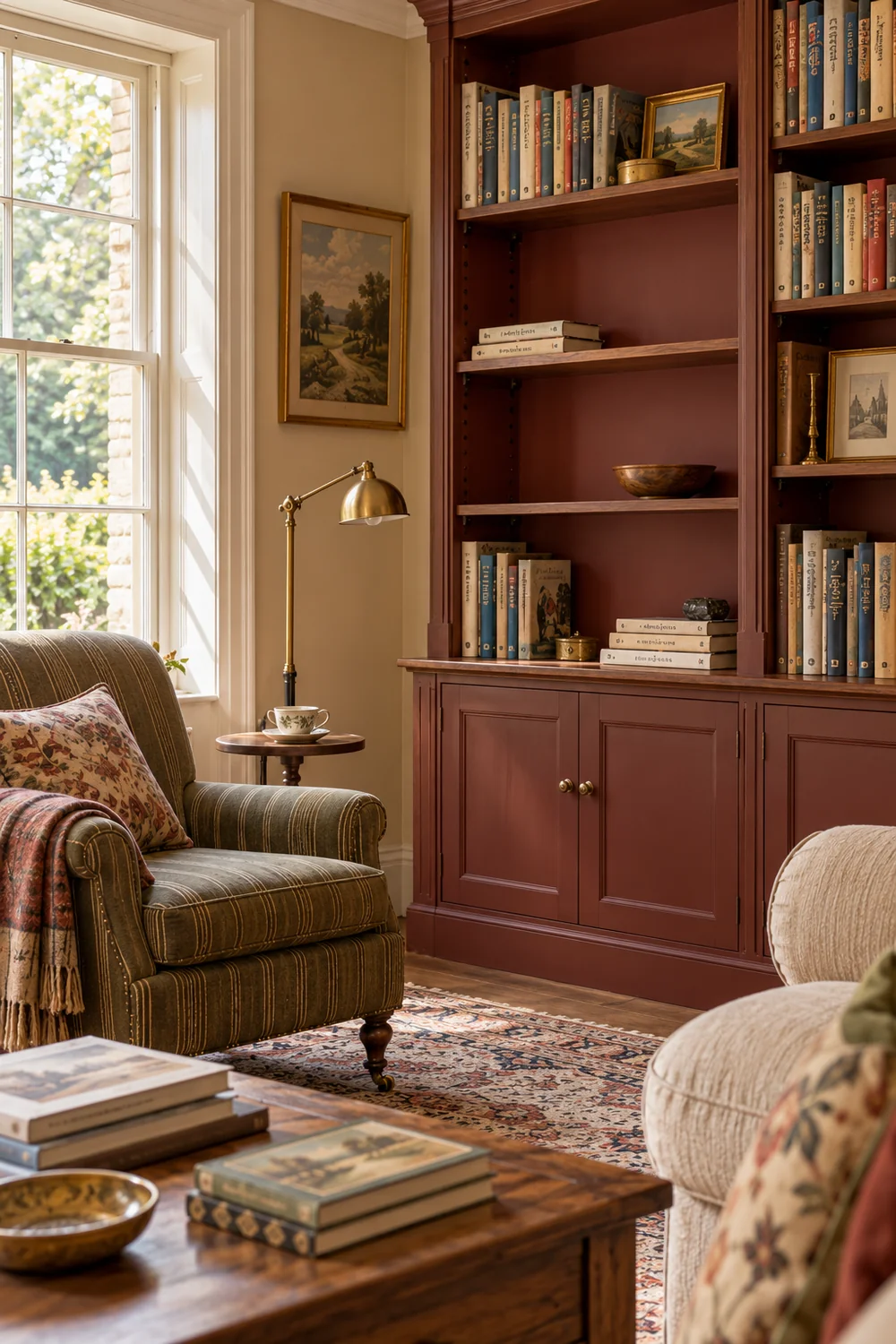 Walnut bookcase with adjustable shelf positions and clear openings beside an olive chair
