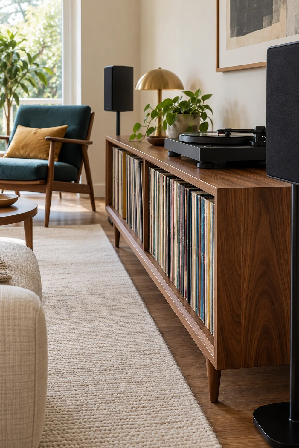 Walnut cabinet edge beside a clear turntable top and petrol seating