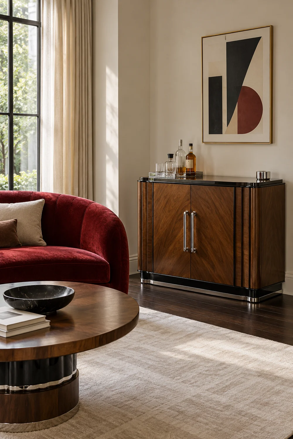 Walnut cabinet with a mostly clear top below geometric wall art