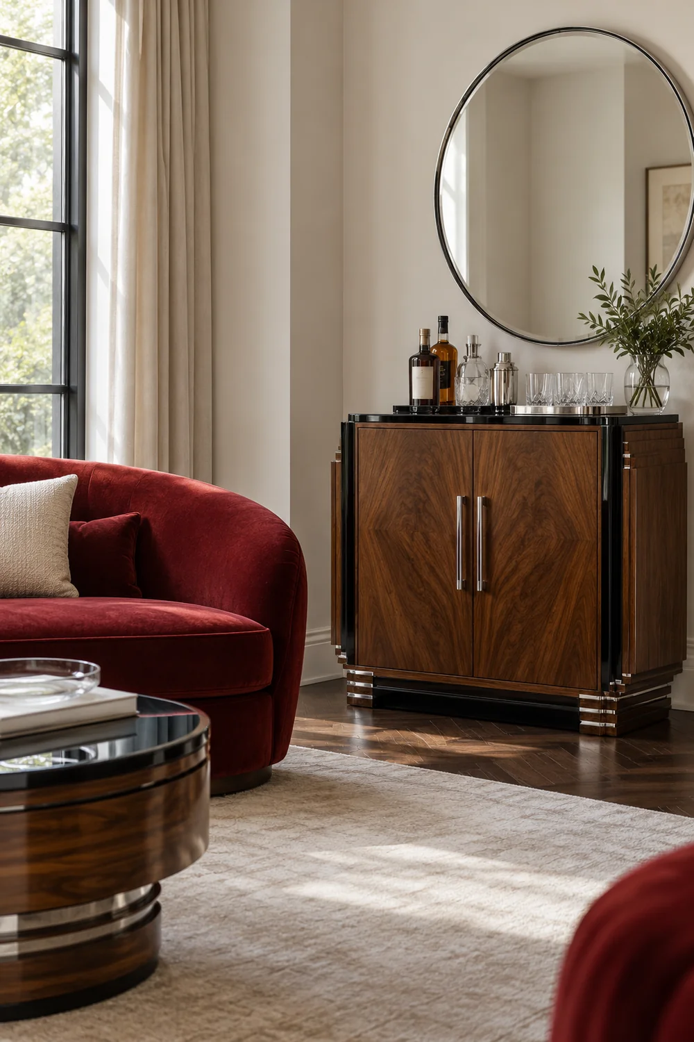 Walnut cabinet with chrome handles below a round mirror beside red velvet seating