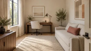 Walnut desk and oatmeal guest sofa beside a bright window in a warm chalk room