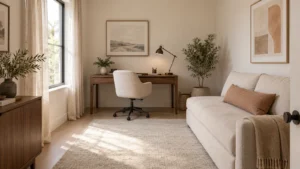 Walnut desk and oatmeal guest sofa viewed through an open doorway in daylight