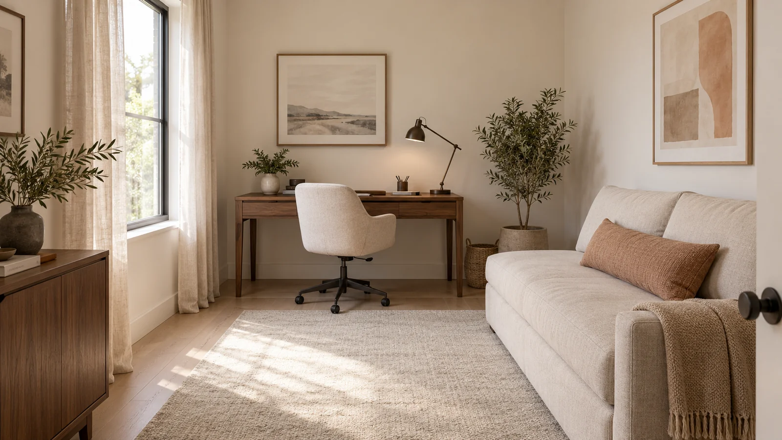 Walnut desk and oatmeal guest sofa viewed through an open doorway in daylight