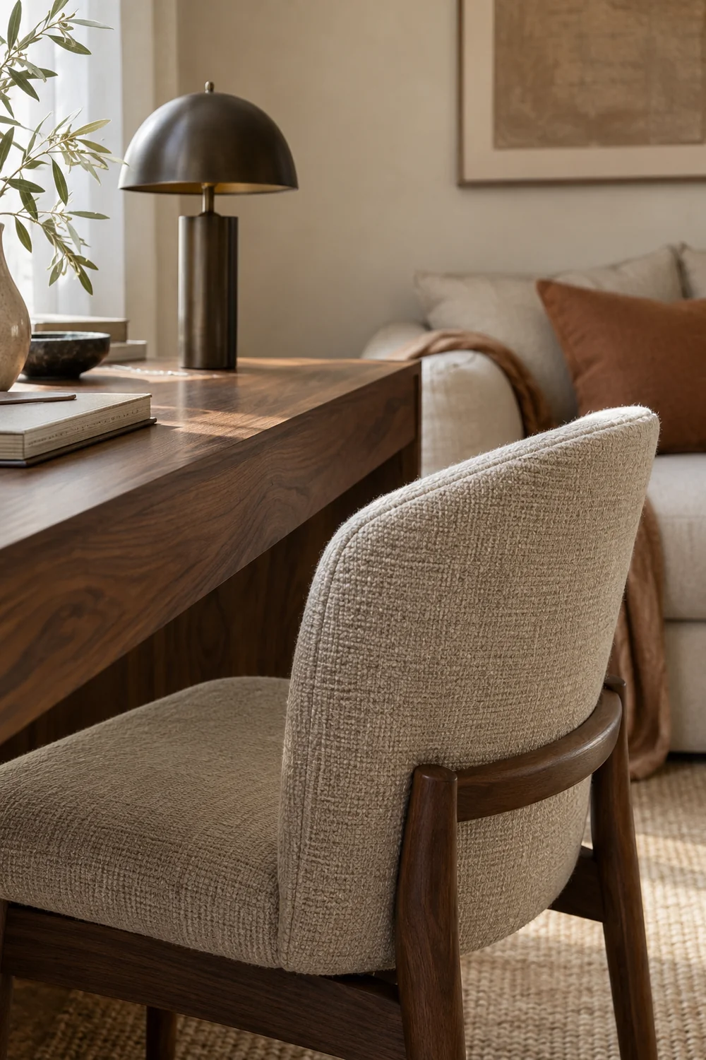 Walnut desktop and oatmeal upholstered chair with a clay sofa cushion beyond