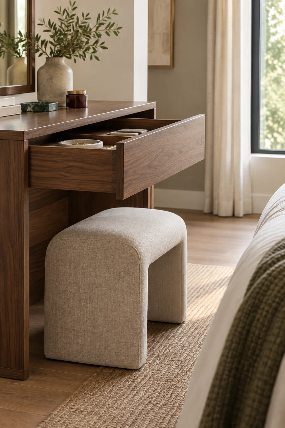 Walnut dressing table drawer open with seated knee space visible