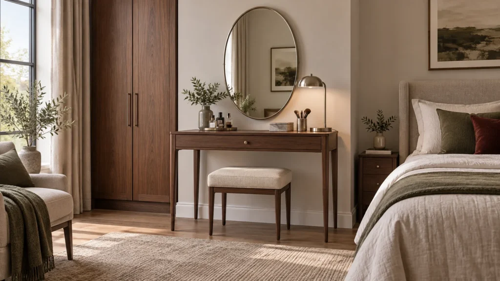 Walnut dressing table mirror light and stool selected for bedroom routine