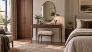 Walnut dressing table mirror light and stool selected for bedroom routine