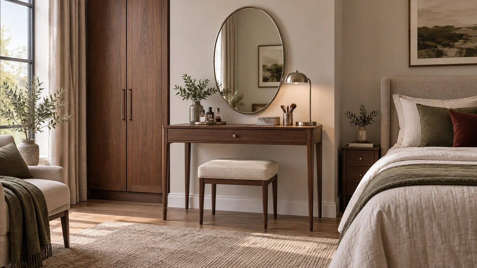 Walnut dressing table mirror light and stool selected for bedroom routine