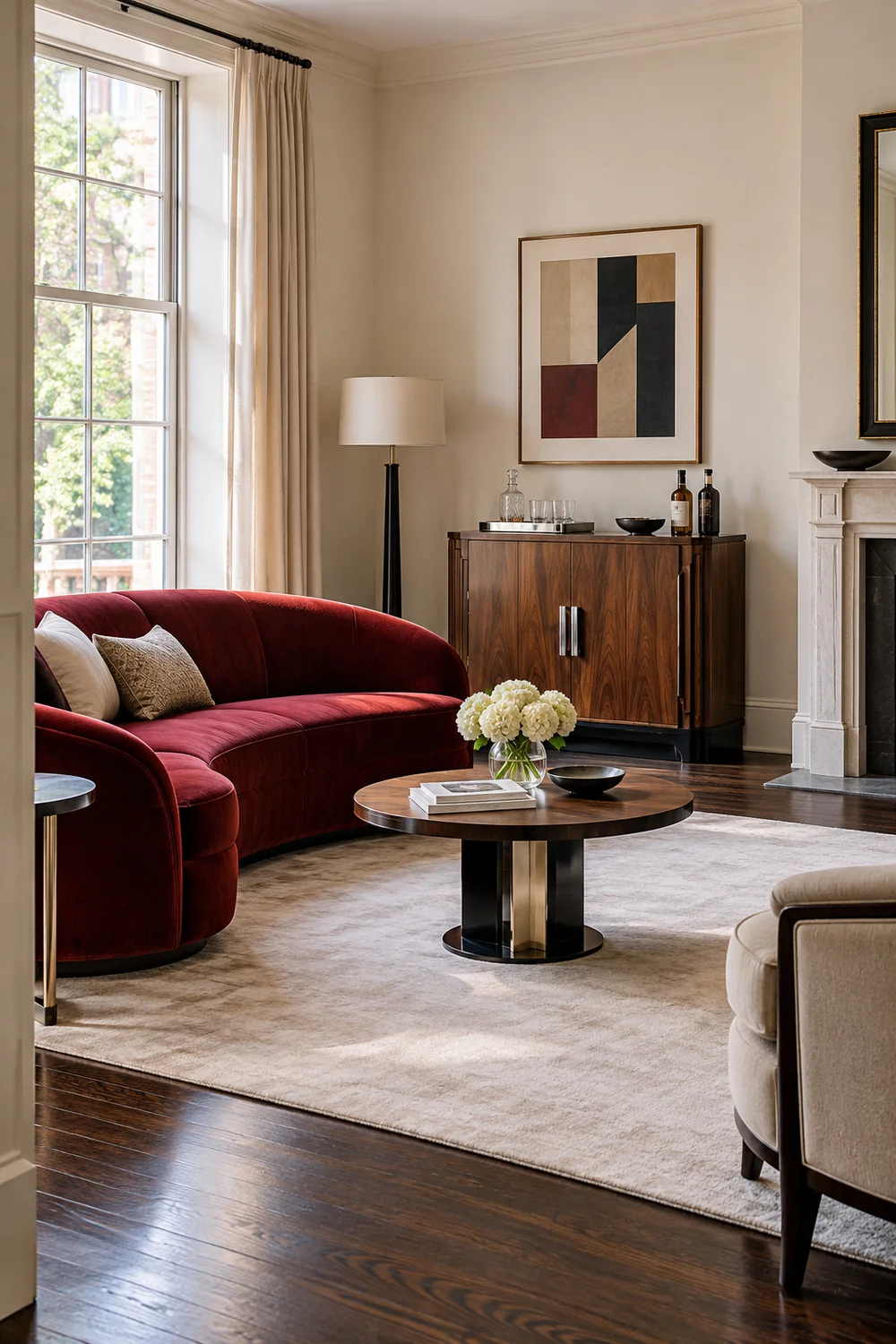 Walnut drinks cabinet beside a deep red sofa with a clear sitting room route