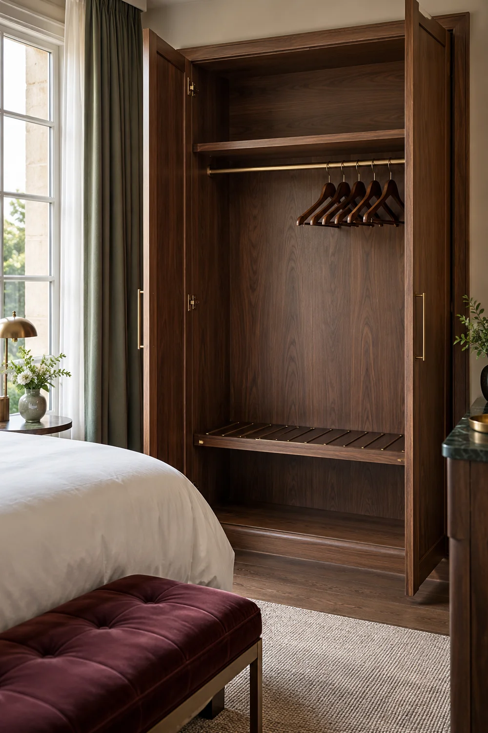 Walnut hotel wardrobe with clear hanging space and an empty shelf