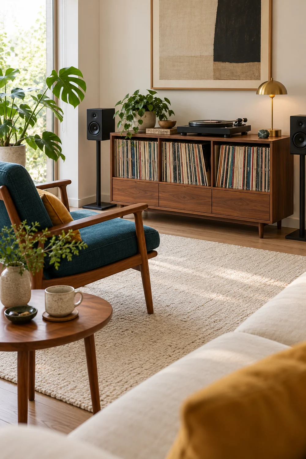 Walnut record cabinet beside petrol seating and a small teak table