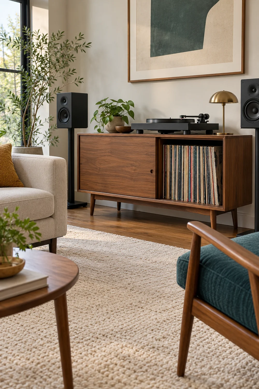 Walnut record cabinet with a sliding panel beside upright sleeved albums