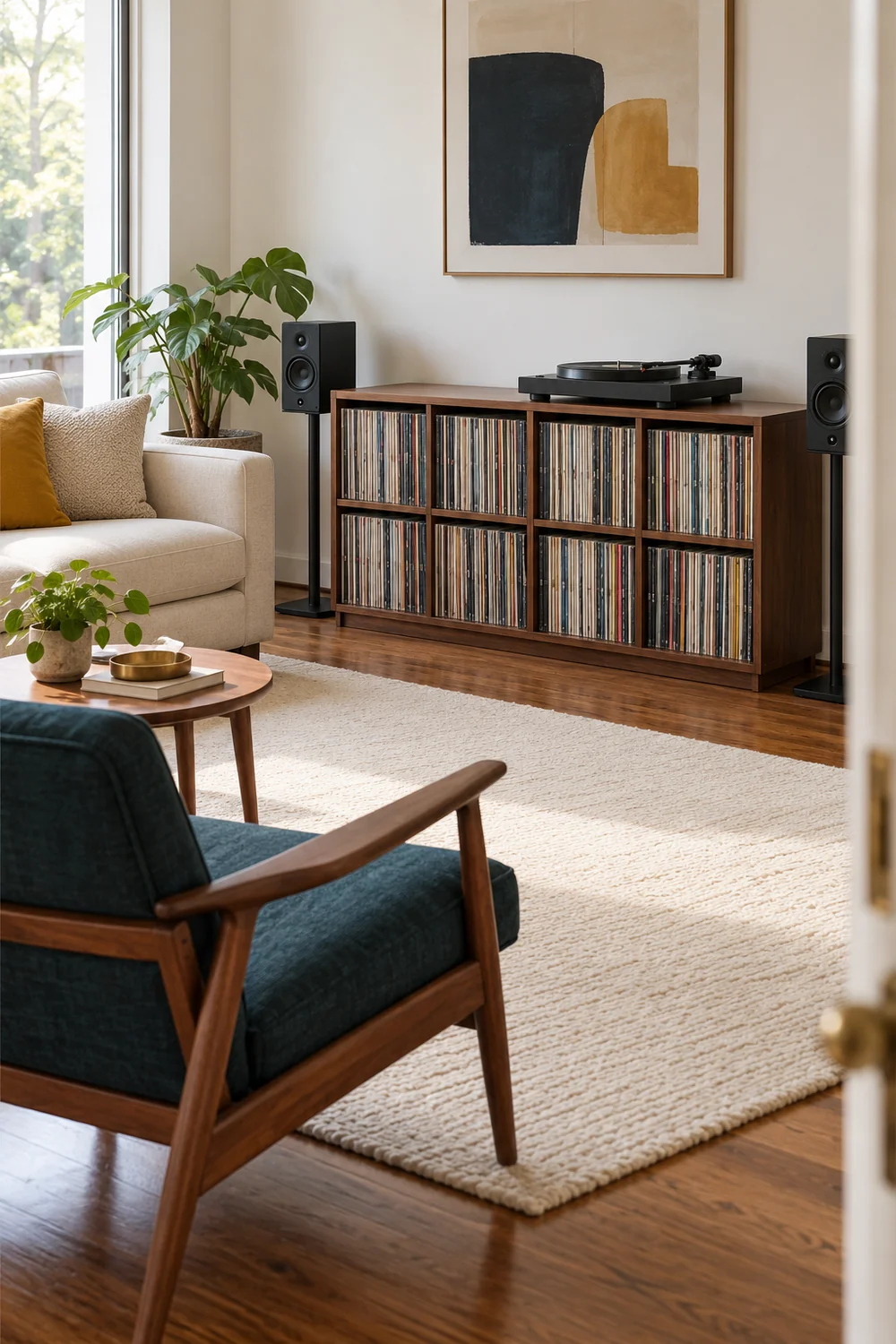 Walnut record compartments and black player beyond a petrol lounge chair