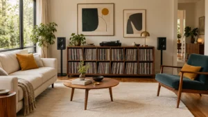 Walnut record library between separate speakers with a cream sofa and petrol chair