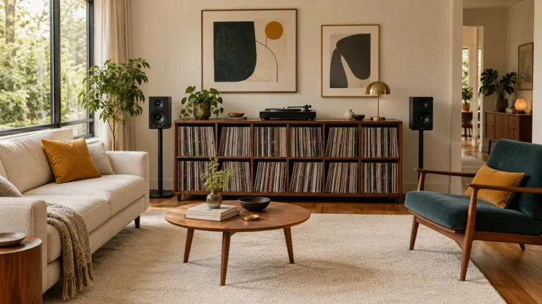 Walnut record library between separate speakers with a cream sofa and petrol chair