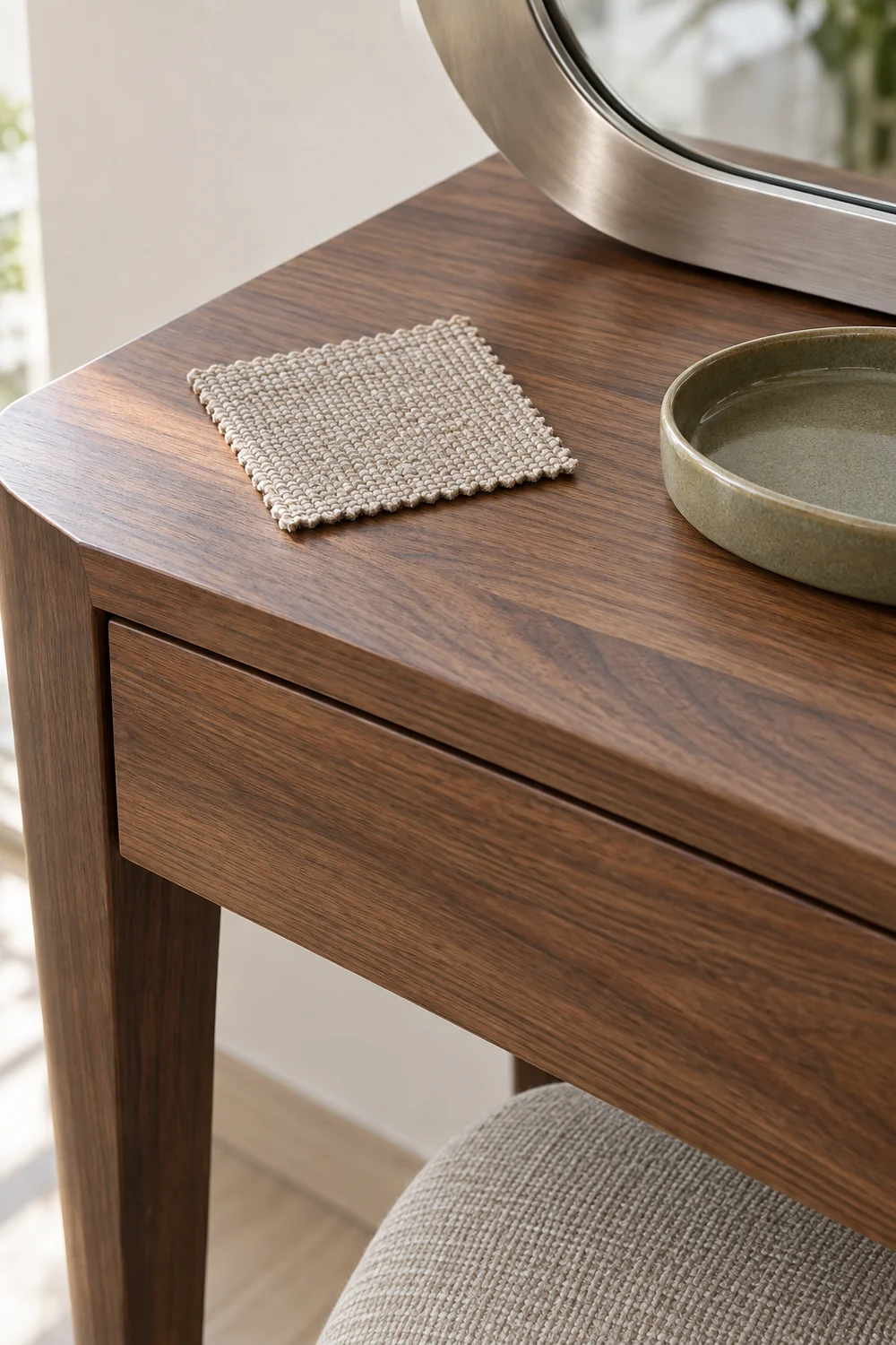 Walnut surface sample and oat stool fabric beside vanity