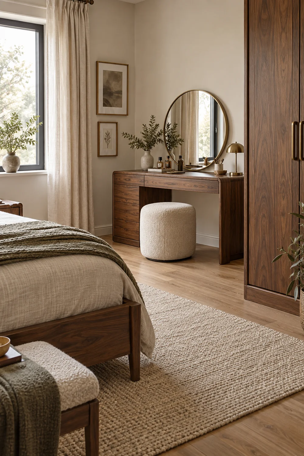 Walnut vanity echoing bed frame across warm modern bedroom