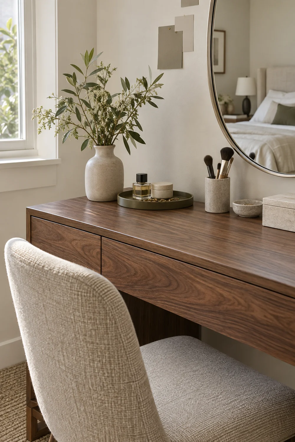 Walnut vanity with oat stool and small green plant beside bed