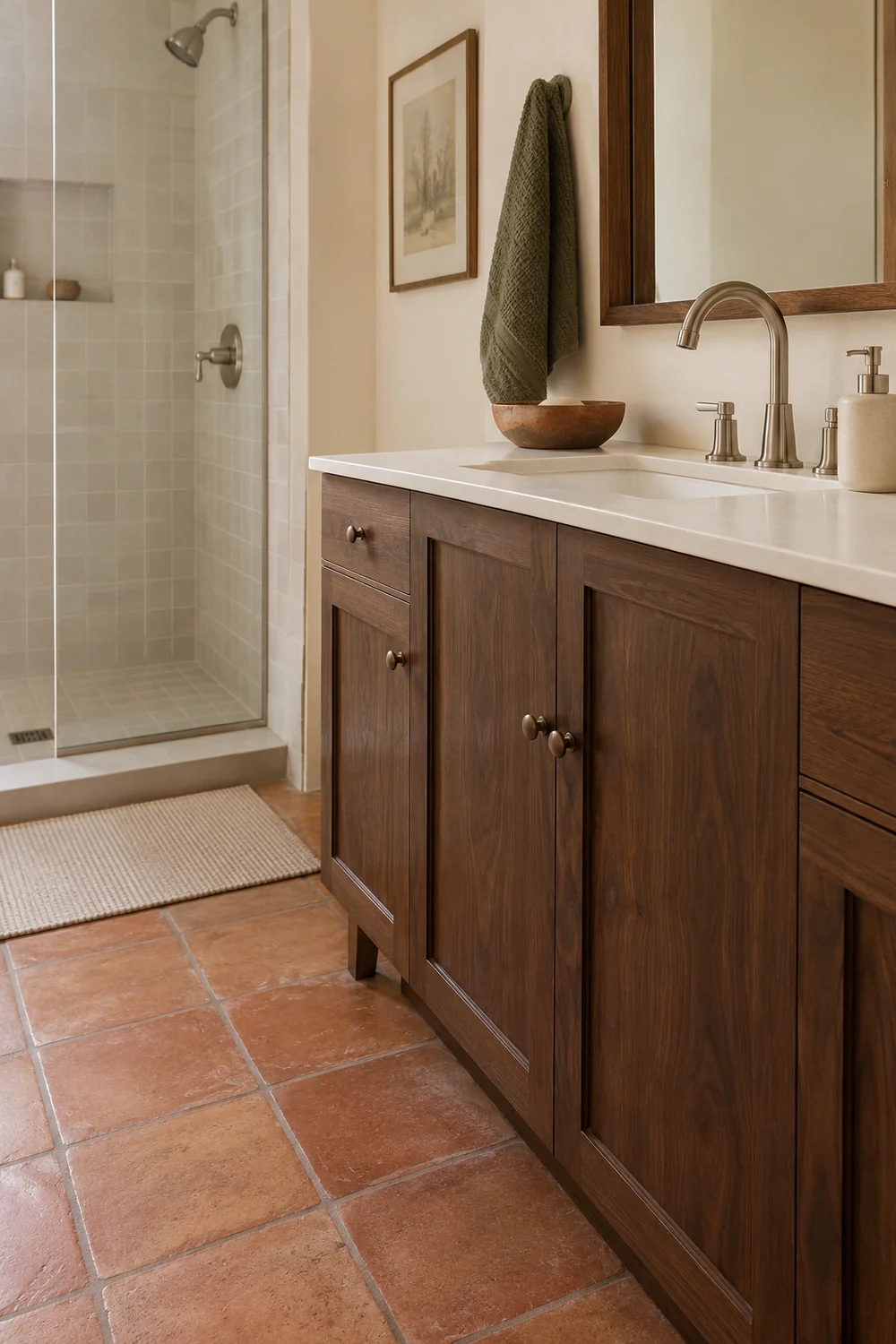 Walnut vanity with white basin nickel tap and mineral green towel beside a tiled shower