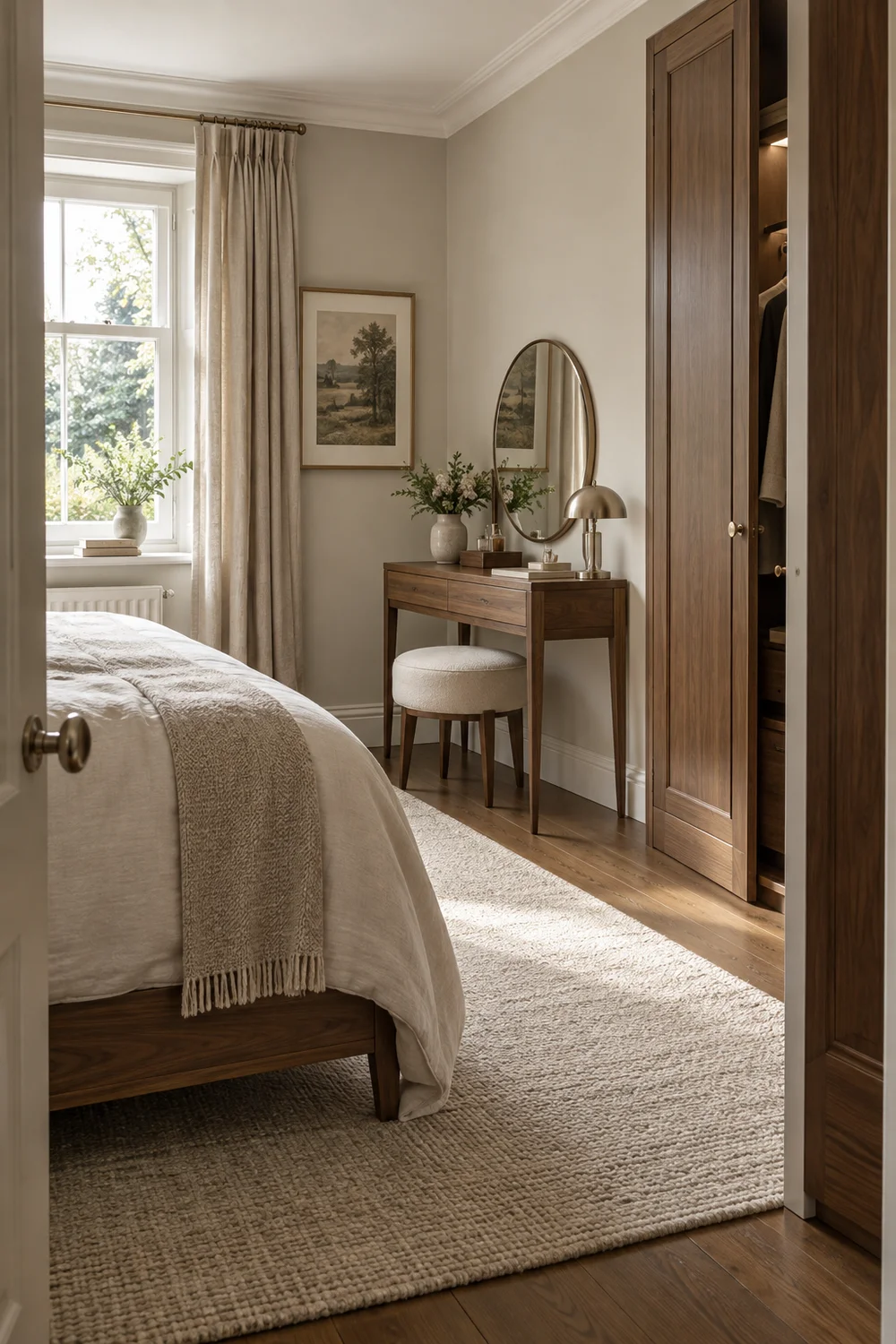 Wardrobe side vanity arrangement with open door and tucked stool