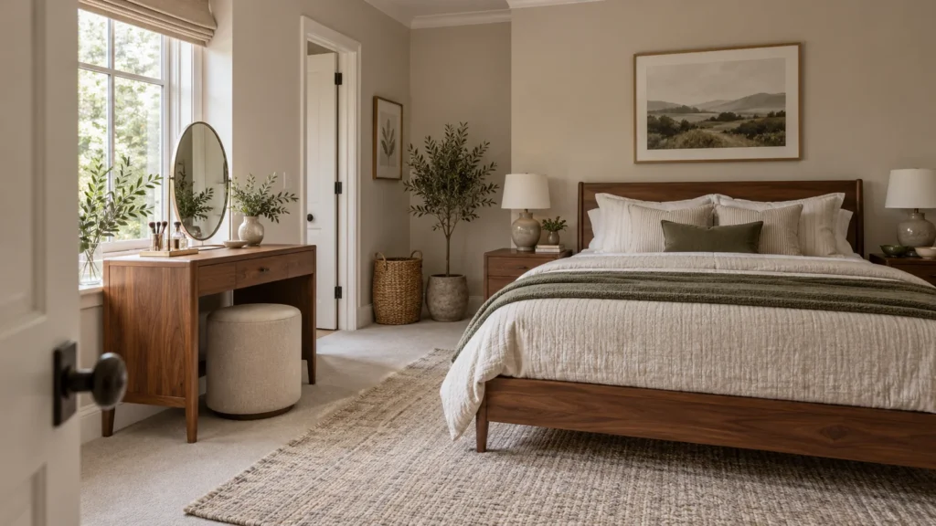 Warm modern bedroom with walnut vanity beside window and bed in view