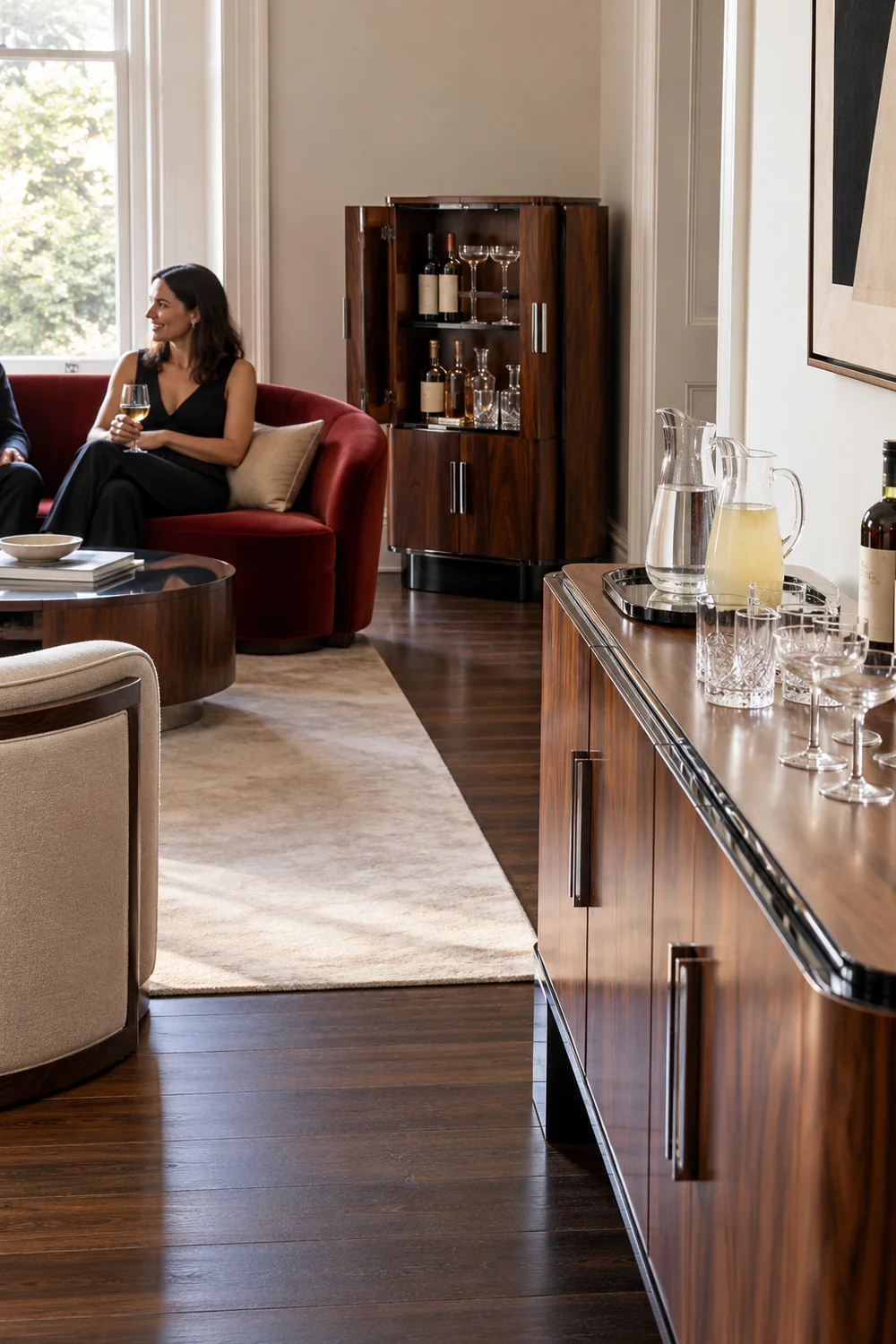 Water pitchers and grouped glasses on a sideboard near seated friends