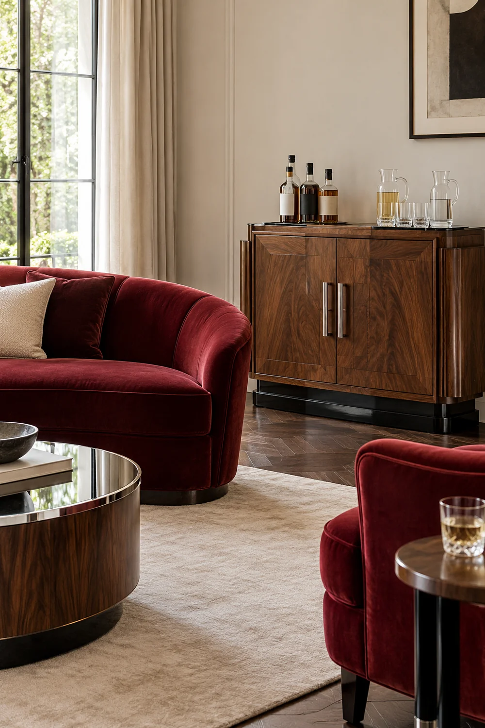 Water pitchers and tumblers above a walnut cabinet beside red seating