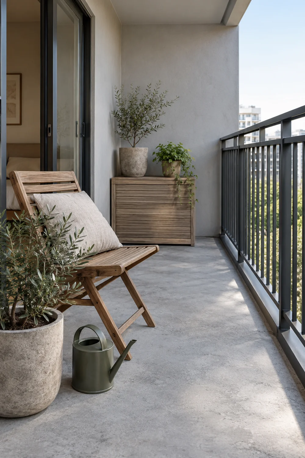 Watering can on a clear grey balcony floor beside a folding chair and wooden cabinet