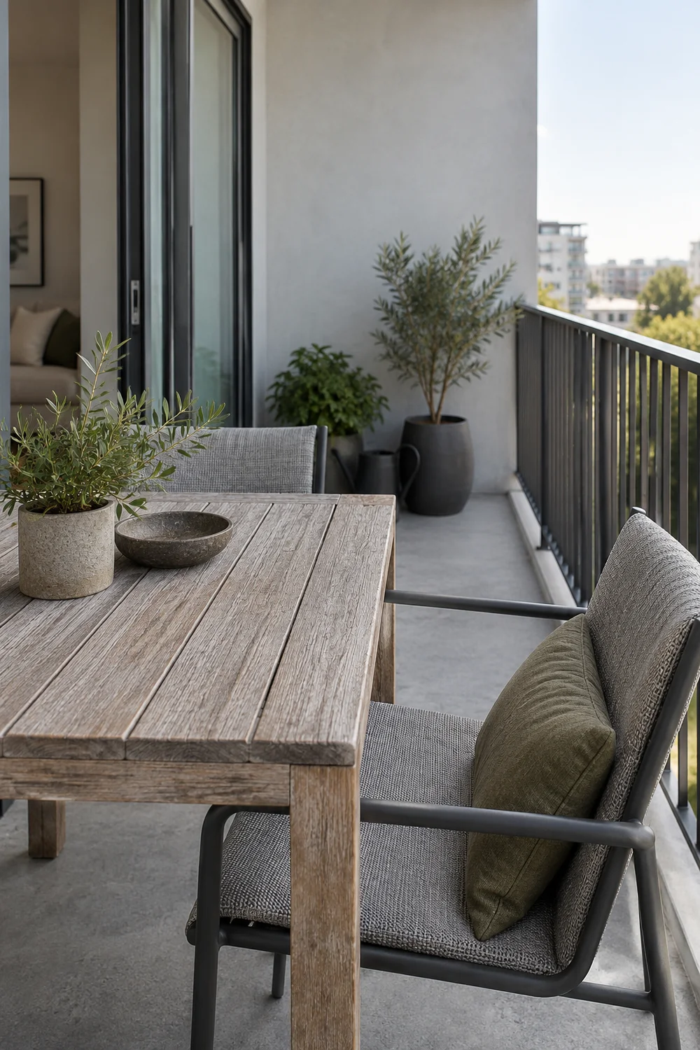Weathered wooden tabletop beside a graphite chair with olive cushions