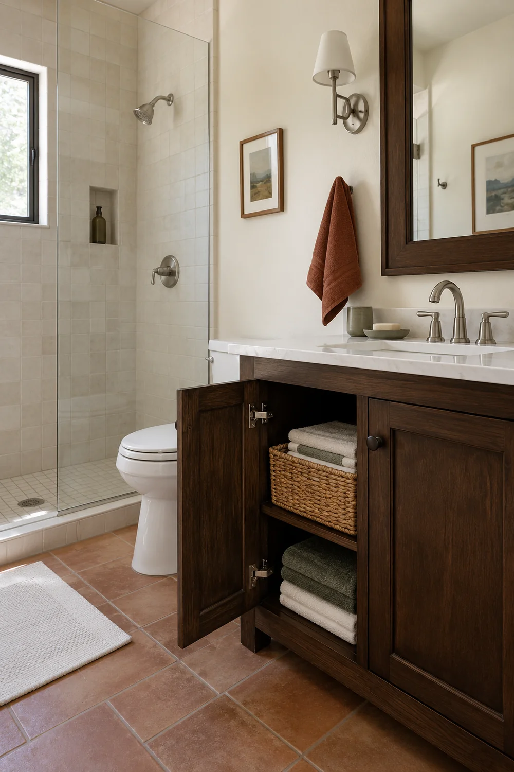 White and green towels in an open walnut bathroom cupboard beside a shower