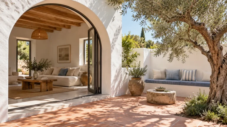 White arched casita opening beside a terracotta courtyard and olive tree