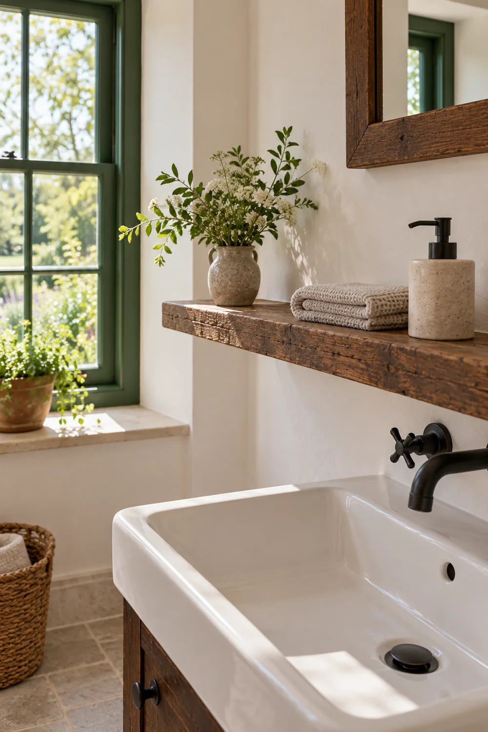 White basin below a wooden shelf with a folded towel and soap dispenser