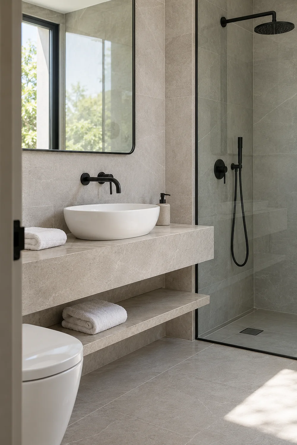White basin on a pale stone counter beside a glass shower screen