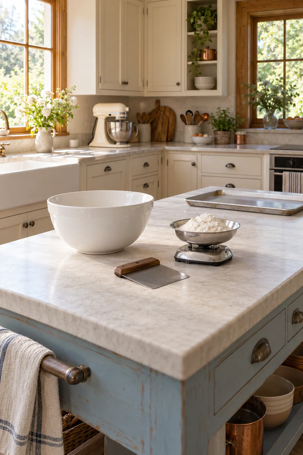 White bowl scraper and flour scale on a pale baking worktop