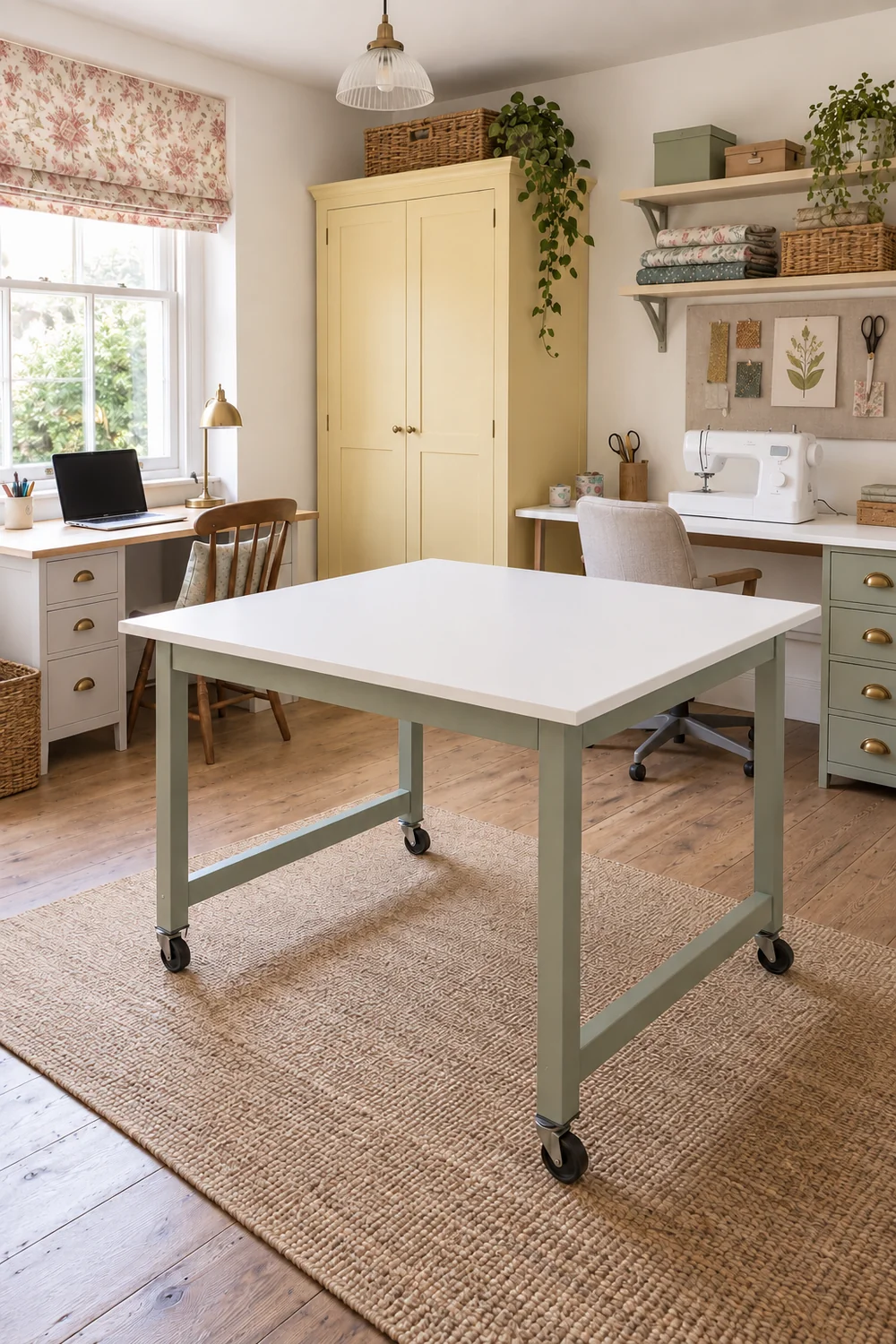 White cutting table on wheels between cottage sewing and computer stations