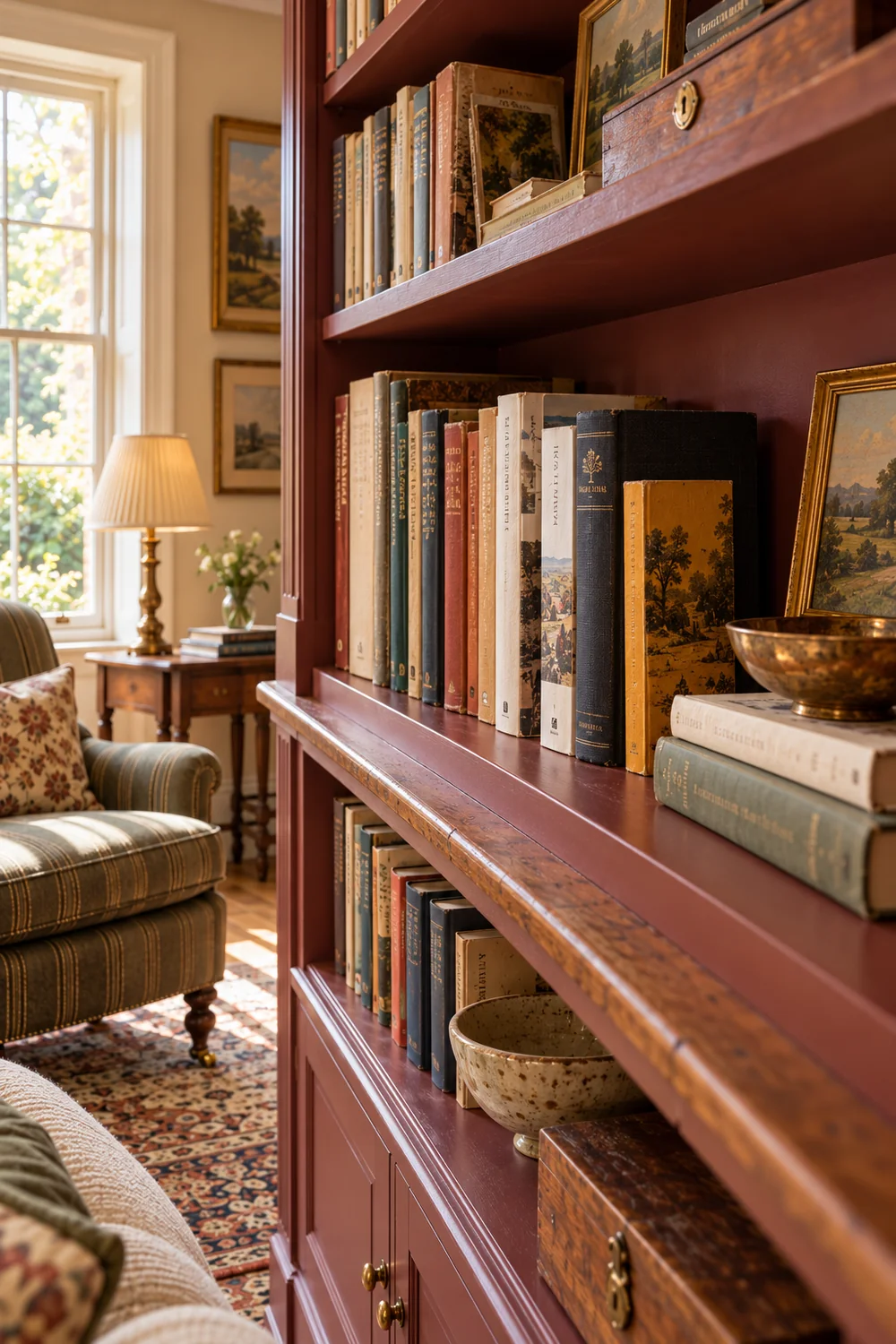 White dark and ochre book spines against a muted oxblood shelf back