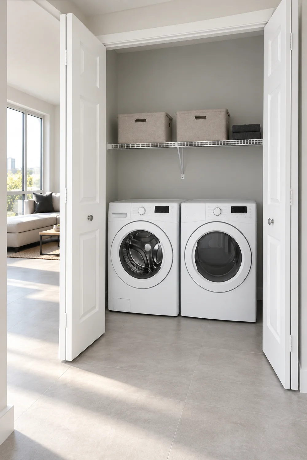 White laundry closet with two fabric bins above supplied machines in an open apartment doorway